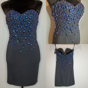 Alyce Paris NWOT Black Strapless Blue Rhinestones
